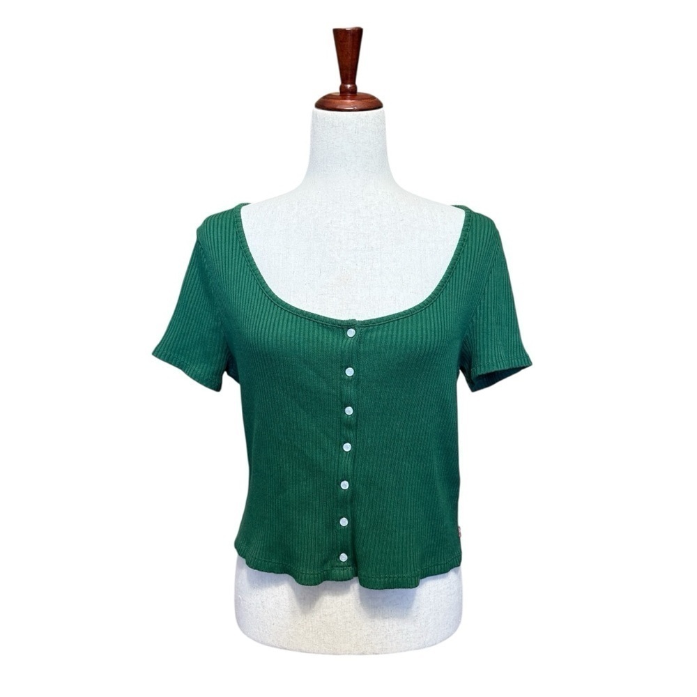 Levi’s Forest Green Pearl Snap Short Sleeve Ribbed Women's Top Size XL #1690